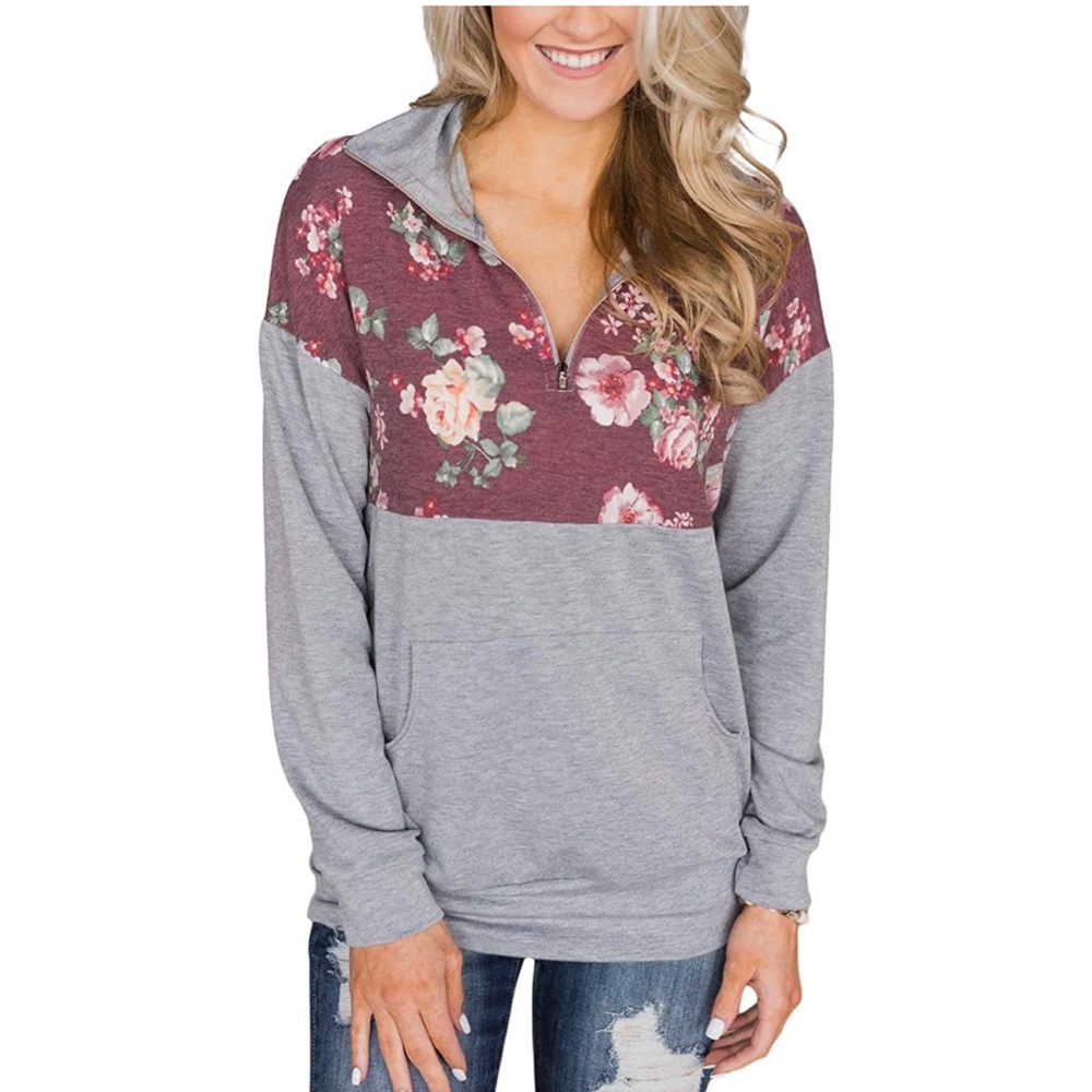 AlvaQ Sweatshirt Casual Long Sleeve Quarter Zip Color Block Floral Pullover S